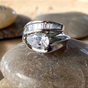 Sterling Silver Pear Zirconia Stone With Baguette Stones